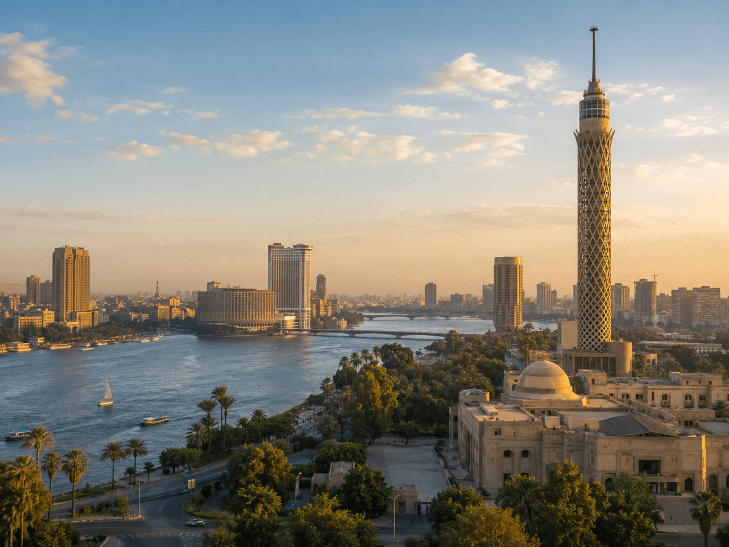 Cairo Tower and the Nile River in Cairo, Egypt